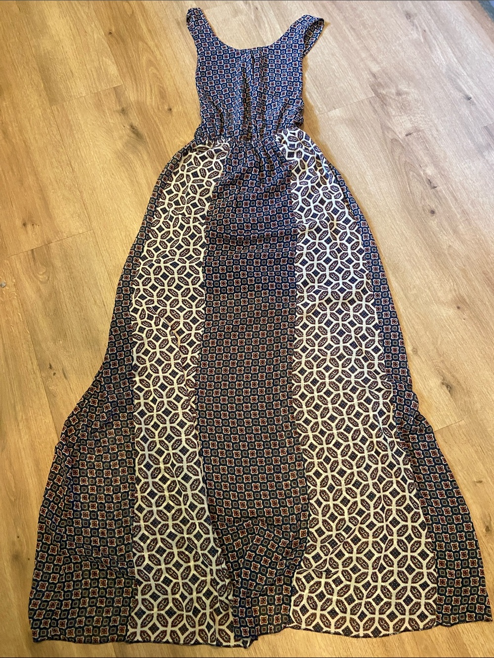 Poema Boho Sleeveless Maxi Dress Size L Geometric Mixed Mosaic Festival EUC